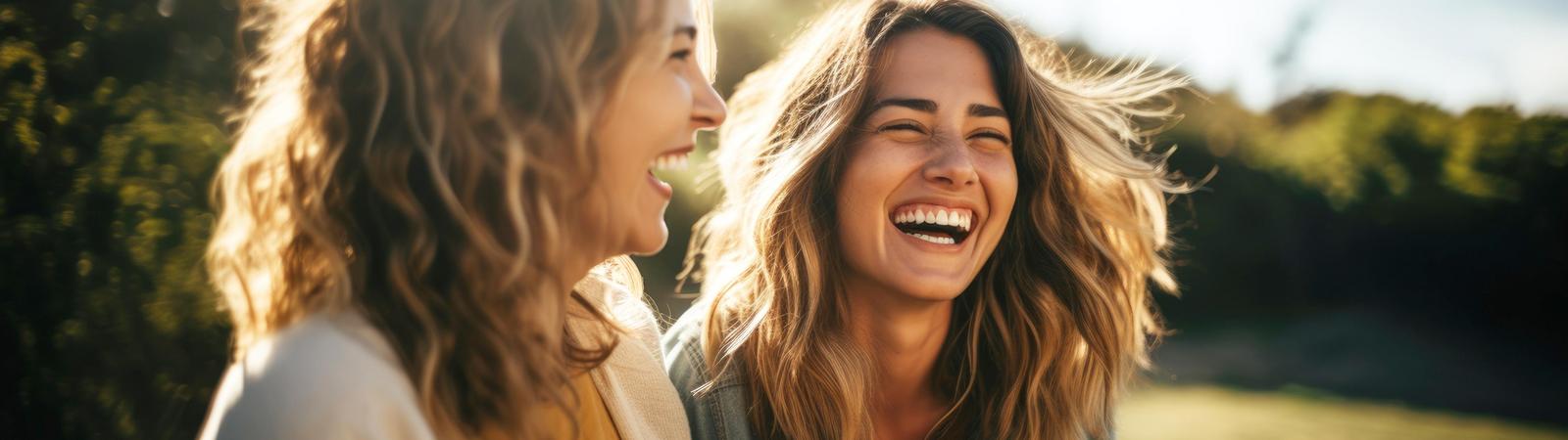 Zwei junge, lachende Frauen bei Sonnenschein vor grünen Hecken.